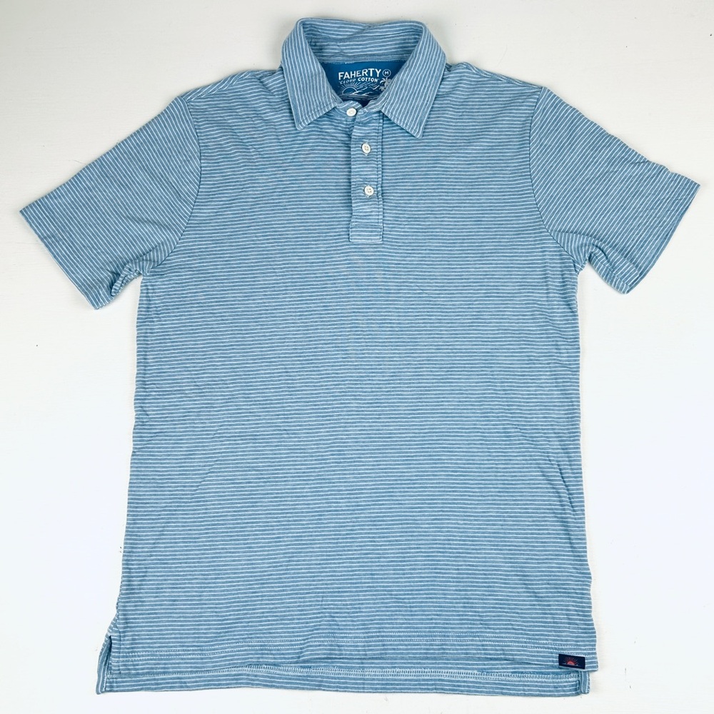 Faherty Mens Medium Blue Striped Polo Shirt Pima Cloud Cotton Blend Soft Knit